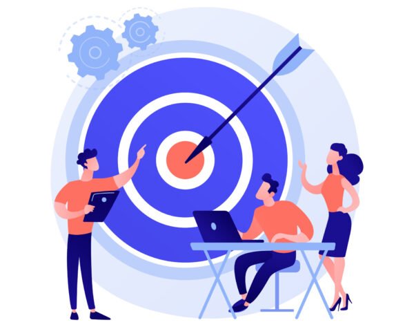 Staff management, perspective definition, target orientation. Teamwork organization. Business coach, company executive and personnel cartoon characters. Vector isolated concept metaphor illustration.